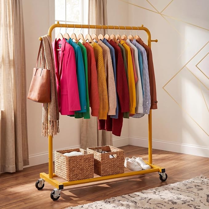 Sywhitta Metal Clothing Rack on Wheels with Bottom Shelf,Gold Yellow | Rolling Garment Rack for Hanging Clothes, Coats, Skirts, 39.76" L x 16" W x 63.78" H,Space-Saving Mobile Organizer for Closet