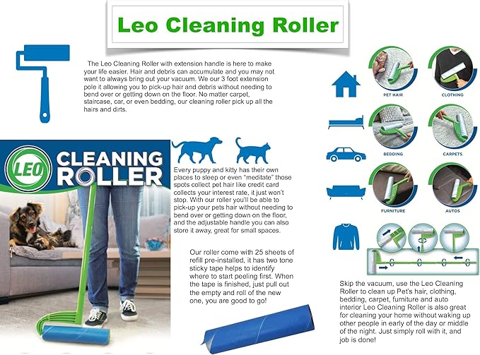 Leo Large 10-Inch Wide Lint Roller Refills 25 Sheets with extendable Handle to 45 inch for Lint Removers Household Cleaning Easily Remove Pet Hair Dust and Debris from Floors Carpets and Furniture