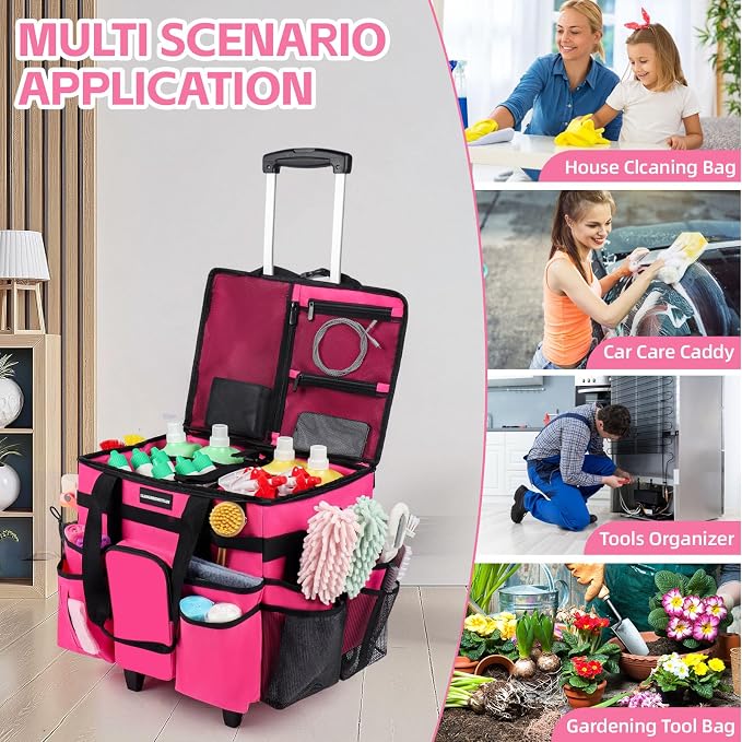 Large Rolling Cleaning Caddy Bag, Cleaning Caddy with Wheels with Detachable Trolley for Housekeepers, Water Resistant Cleaner Supplies Organizer with Wheels for Kitchen, Car, Picnic (Rose-Red)