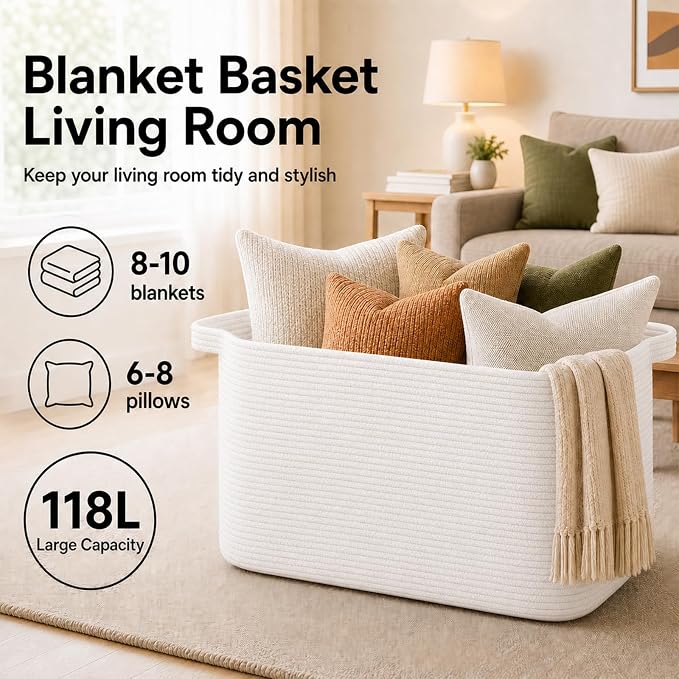 OIASKET 118L Extra Large Blanket Basket Living Room, 24.8"x17.7"x16.2" | Woven Rope Baskets for Storage, Nursery Blanket Storage for Living Room, Toy Basket with Handle Organizing Comforter Pillows