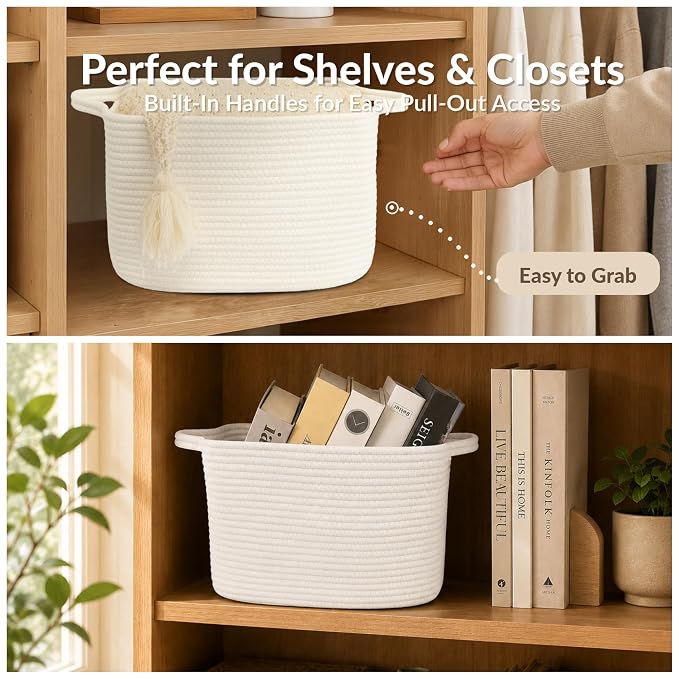 XUANGUO Woven Cotton Rope Storage Basket with Handles 13x10x9 inch White | 13" x 10" x 9" woven cotton rope basket for shelves and closets. Perfect for toys, books, towels, clothes and nursery storage