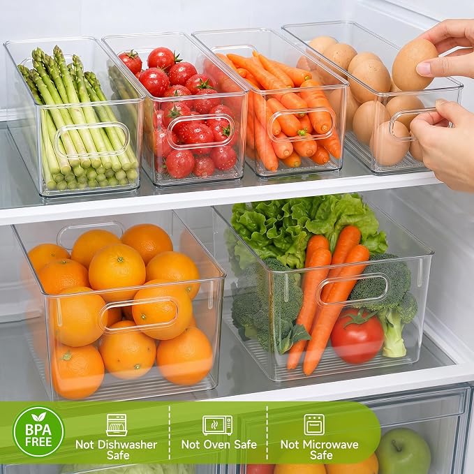 YKIOKE 8 Pack Clear Plastic Storage Bins with Handles, Stackable Organizer | BPA-Free, 4 Large & 4 Small Stackable Organizer Containers for Kitchen Cabinets, Countertops, Drinks, Fruits, Vegetables