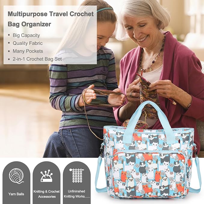 Katech Yarn Storage Bag-Large Capacity Crochet Bag Organizer for Crocheter | Multipocket Portable Crochet Bag Yarn Storage Organizers for Crocheting Project, Knitting Needles, Crochet Hooks and Yarn