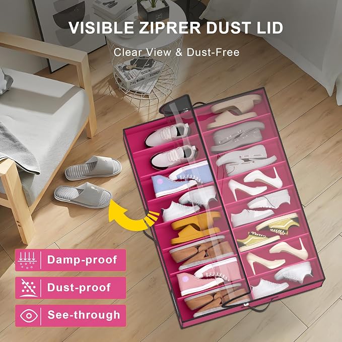 Shoe Organizer Under Bed, Fits 32 Pairs, Under bed Shoe Storage Boxes with Study Handles and Clear Cover, zapateras organizer for shoes, set of 2