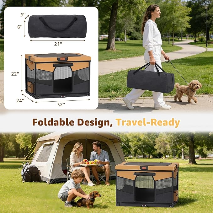 LOOBANI Dog Playpen for Small Dogs, 32"x24"x22", Foldable & Portable, Brown | Pet Playpen, with Removable Washable 690D Fabric Cover, Sturdy Frame Cat Playpen for Indoor, Dog Crate for Small Animals