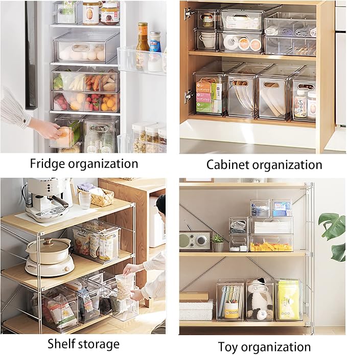 4Pack Stackable Refrigerator Organizer Bins Pull Out Drawer Large Vegetable Fruit Storage for Fridge Organizer Drawers with Handle Clear Food Storage Container Box for Kitchen Pantry Cabinet