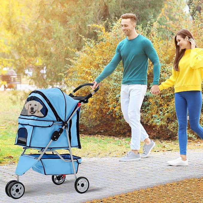 Dog Stroller With Storage Basket,3 Wheels Pet Stroller,Breathable Compact Portable Folding Carrier For Travel,Camping,Dog Carrier For Small Medium Dogs Or Cats,Lightweight Waterproof Pet Stroller,BLUE