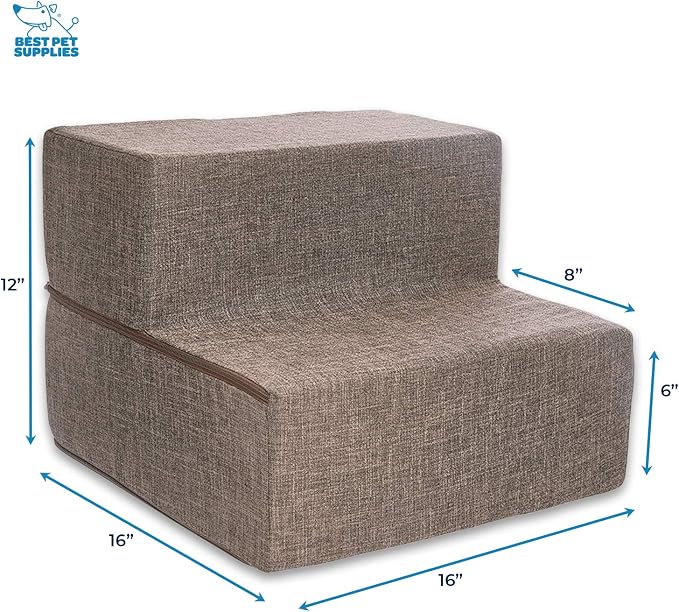Best Pet Supplies Dog Stairs & Steps - Foam Steps for Small Dogs & Cats, Non-Slip Indoor Balanced Pet Step Support, Dog Ramp, No Assembly, Brown Linen, Foldable 2-Step (12-inch Height)