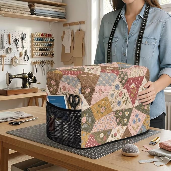 Sewing Machine Cover Polyester Febric Triangle Cottage Floral | Dust Pet Hair Protection,Quilting Design,Fits Standard Singer,Brother Janome Machines,Protecting Decorating Your Sewing Space
