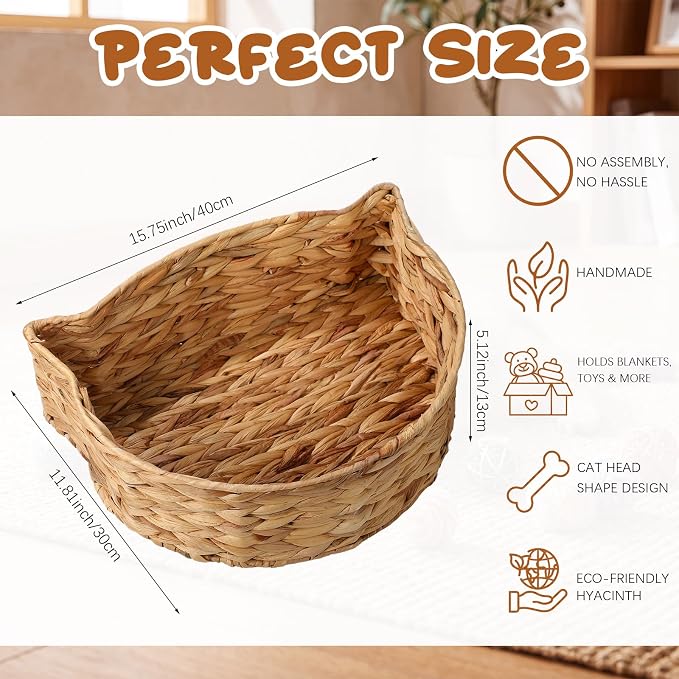 16×12×5 Inch Handwoven Cat Head Toy Storage Basket Natural Woven Bin Organizer for Gift Pet Toy Towels Blanket Clothes