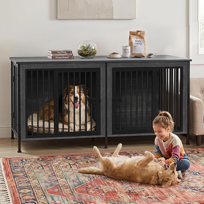 EasyCom 78" Wooden Double Dog Crate with Divider & Raised Legs, Gray | Raised Legs, For 1–2 Small to Large Dogs, Multiuse TV, Plant & Display Stand