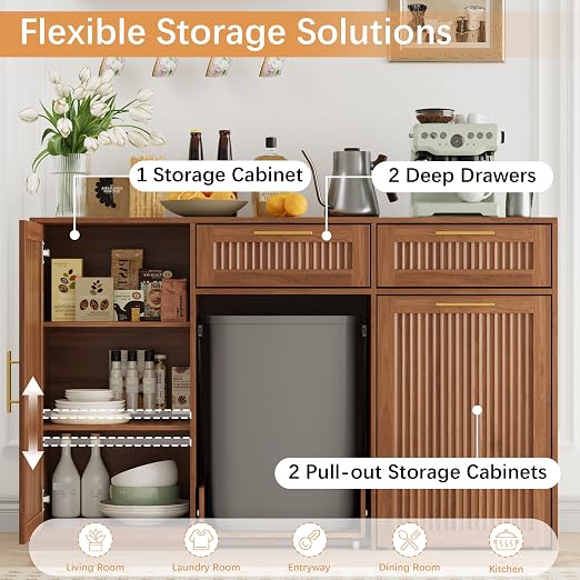 2 X 13 Gallons Double Pull Out Trash Can Cabinet with Storage & Drawers | 54"W Kitchen Trash Cabinet with Adjustable Shelf & Drawer, Hidden Garbage Can Cabinet for for Laundry, Living Room