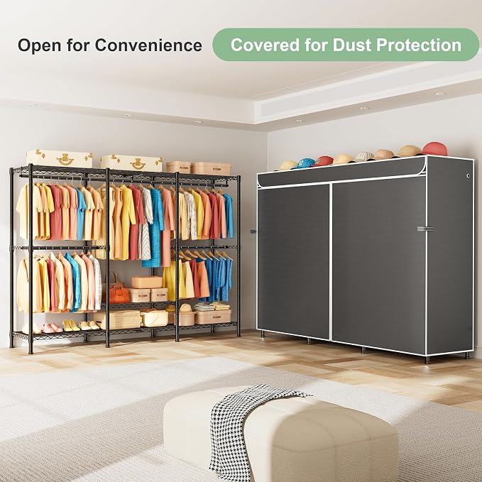 SEMHOR K01C Heavy Duty Clothes Rack with Grey Cover, Max Load 860LBS | Freestanding Portable Closet System with Shelves, Adjustable Carbon Steel Garment Rack, Clothing Racks for Hanging Clothes