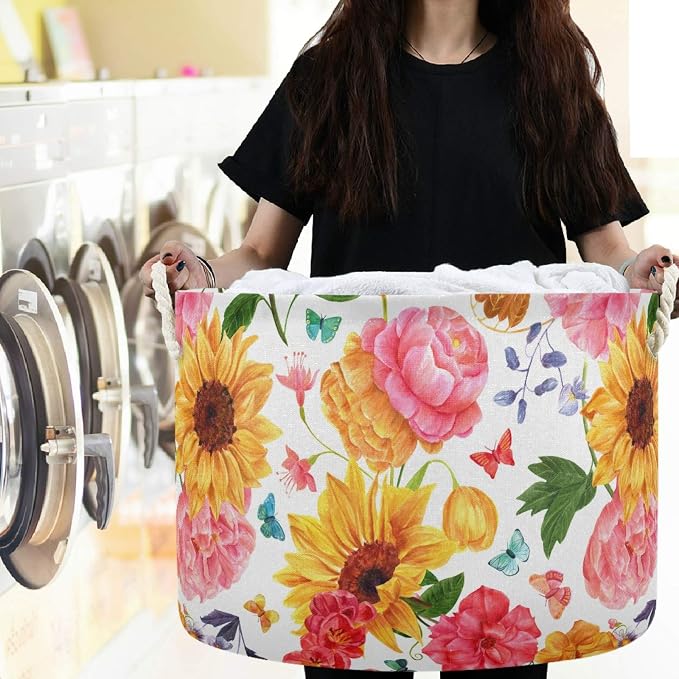 visesunny Storage Basket Sunflower Pink Nursery Hamper Basket Clothes Toy Storage Organizer Bin Box Collapsible Laundry Bag for Kid Room,Playroom,Bathroom,Living Room,Dorm,Office