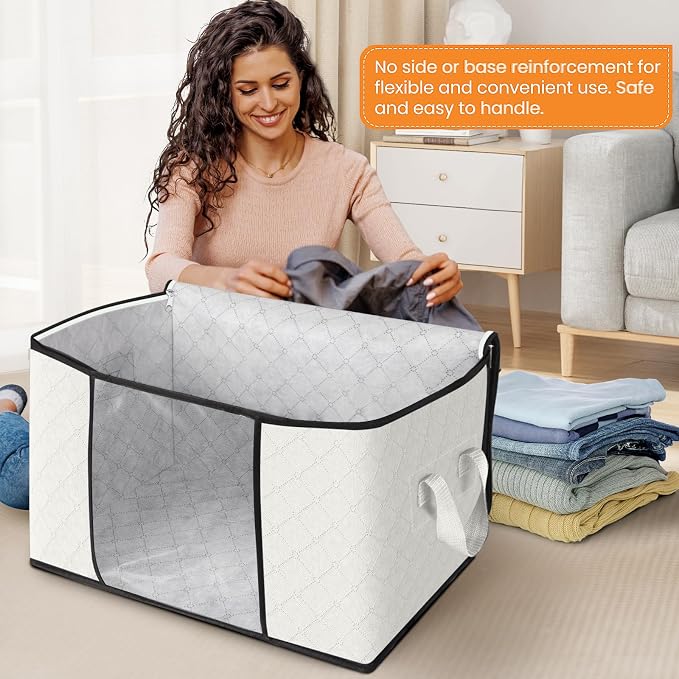 90L Clothes Storage, Foldable Thick Fabric Blanket Storage Bags | Foldable Containers with Zippers,Window and Handles for Organizing Bedroom, Closet, Comforter, Bedding,Dorm essentials