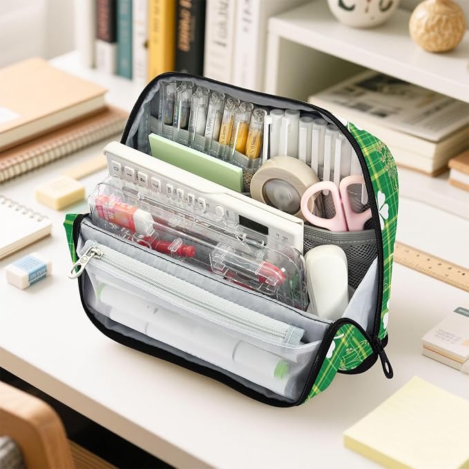 Aslsiy Large Capacity Pencil Case St Patricks Day Shamrocks-1 Pencil Pouch for Boys Girls Portable Pen Bag Organizer Standing Makeup Bag for School Office Supplies