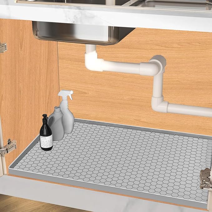 Under Sink Mat 25 x 22 for Kitchen Waterproof, Silicone Under Kitchen Sink Liner Mat, Easy to Clean Bathroom Cabinet Mat Organizers and Storage, Light Grey