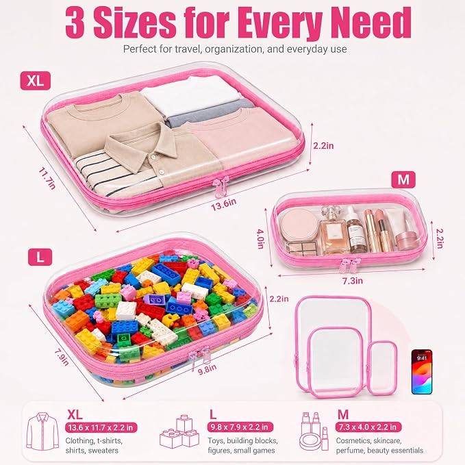 3 Pack Clear Hard Shell Zipper Case (1XL + 1L + 1M, Pink) | Travel Toiletry Bag, Waterproof 1.2mm PET Hard Plastic Pouches, Organizer Box for Makeup, Toy, Snack, Stationery, Diaper