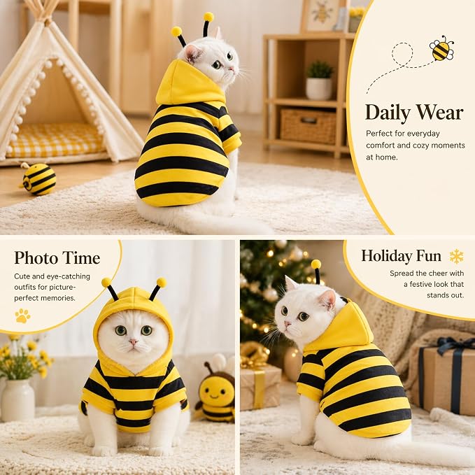 Cute Cat Bee Costume - Pet Halloween Apparel Bumble Bee Cosplay Clothes Antennae, Soft Warm Fleece Hoodie for Cats, Kittens, and Small Dogs, Perfect for Festival Party and Photo Shoot S/M