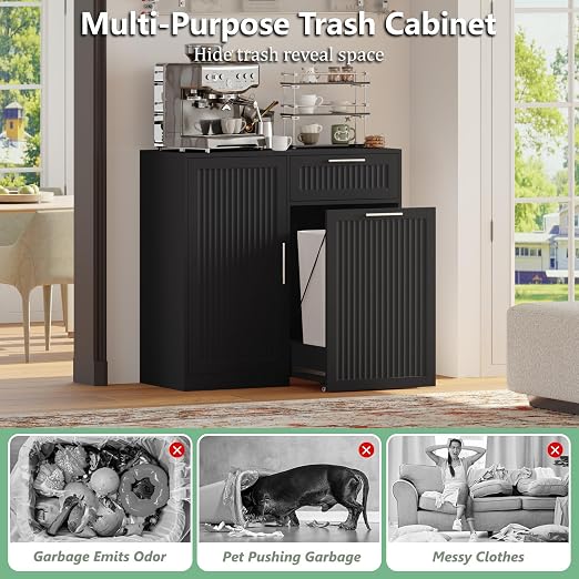 Single 13 Gallon Pull Out Trash Can Cabinet with Storage Cabinet,Black | Pet Proof Hidden Garbage Can Cabinet,3-Tier Shelves,Fluted Design,Extra Drawer Space,Kitchen & Dining Room Organization