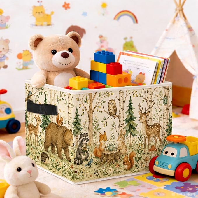 Woodland Animals Storage Bin, Foldable Fabric Organizer | Watercolor woodland animal storage bin for toys, books, clothes, blankets, nursery supplies, playrooms, shelves, and closets.