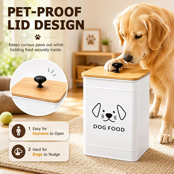 Dog Food Storage Container 25 Cups Airtight Metal Canister with Bamboo Lid | 5-7 lb Capacity, Pet-proof Lid Design, Durable Metal Body, Square Wide Opening, Pet Food Canister Dog Cookie Jar, White