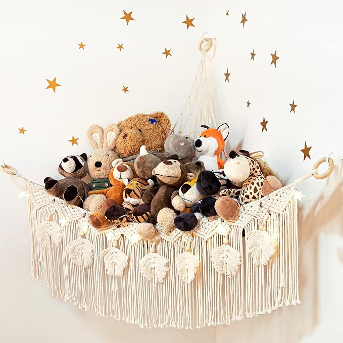 Macrame Stuffed Animal Storage with Star Light, Corner Hammock for Nursery | Corner Hanging Stuffed Animal Net Organizer for Girls' Room, Plushies Toy Wall Hanging Display Holder, Kid Gift