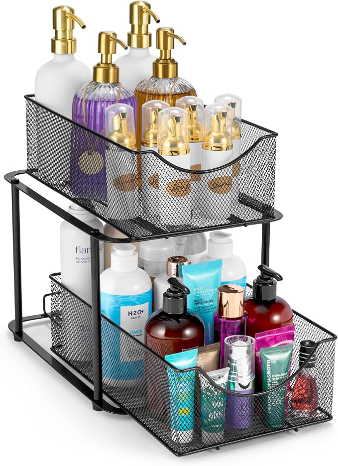 Sorbus Pull-Out Under Sink Organizer, Mesh Construction (Black, 1 Pack) | Two-tier metal organization with strong steel and sliding drawers for bathrooms, kitchens, cabinets, closets and pantries.