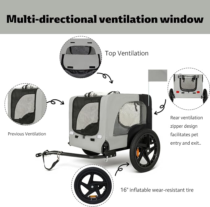KEIKI Dog Bike Trailer with Built-in Leash, Pet Stroller Cart Bicycle Carrier, Easy Folding Cart Frame with Front Caster & 16" All-Terrain Wheels & Universal Hitch, Supports up to 66 lbs