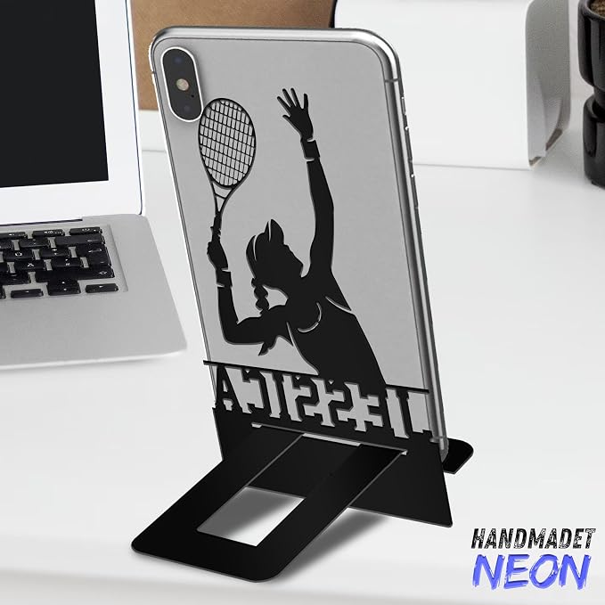 Personalized Tennis Serve Phone Holder, Custom Name Metal Desk Stand, Athlete Accessories Dock, Tablet, Smartphone Display Stands, Gifts for Fans, Sport Lovers, Teens, Christmas