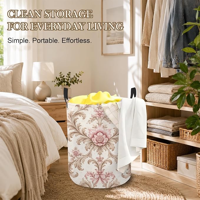 Vintage Floral Laundry Basket, Damask Leaves Collapsible Laundry Hamper Waterproof Oxford Cloth With Handles, Clothes Storage Bucket For Bathroom/Bedroom 16" x 20.8"