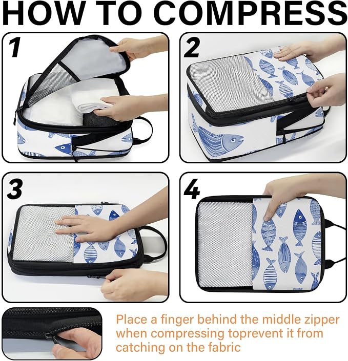 TropicalLife Nautical Fish Print 6 Set Compression Packing Cubes | Compressible Expandable Luggage Suitcase Organizer Bags Space Saver Bags for Carry on