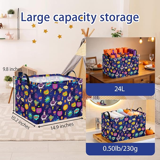 NTAOHAMPER Rectangular Storage Basket Empty,Storage Bin with Handles,Room Decor,Gift Basket,Book Box(Pop Halloween)