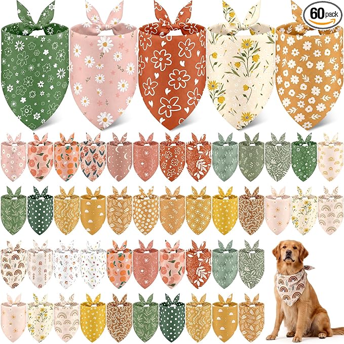 Sanwuta 60 Pcs Summer Bandana for Dog Bulk Flower Dog Bandanas Adjustable Dogs Bibs Triangle Scarf Pet Costume for Small to Large Pet(Flower, Large)