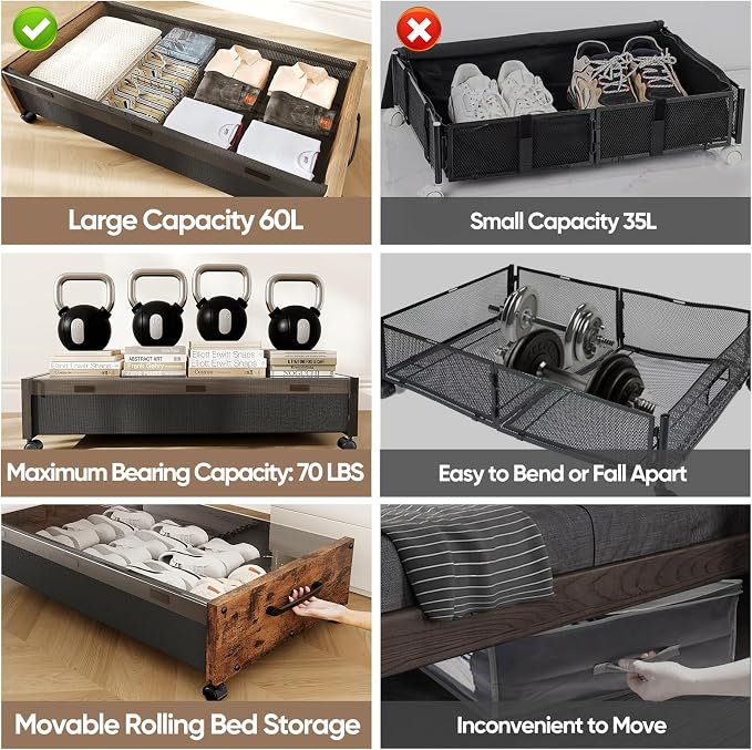 KITHELP Wooden Under Bed Storage with Wheels, Rolling Under the Bed Storage Bins with Removable Lid, Metal Under Bed Drawers for Clothes and Shoes in Bedroom or Living Room(Black Wood-2pack)