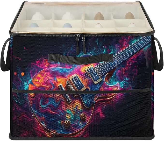 TropicalLife Colorful Swirls Guitar Shoe Organizer for Closet | Foldable Shoe Storage Organizer Box Bin with Adjustable Dividers and Clear Cover, Fits up to 16-32 Pairs
