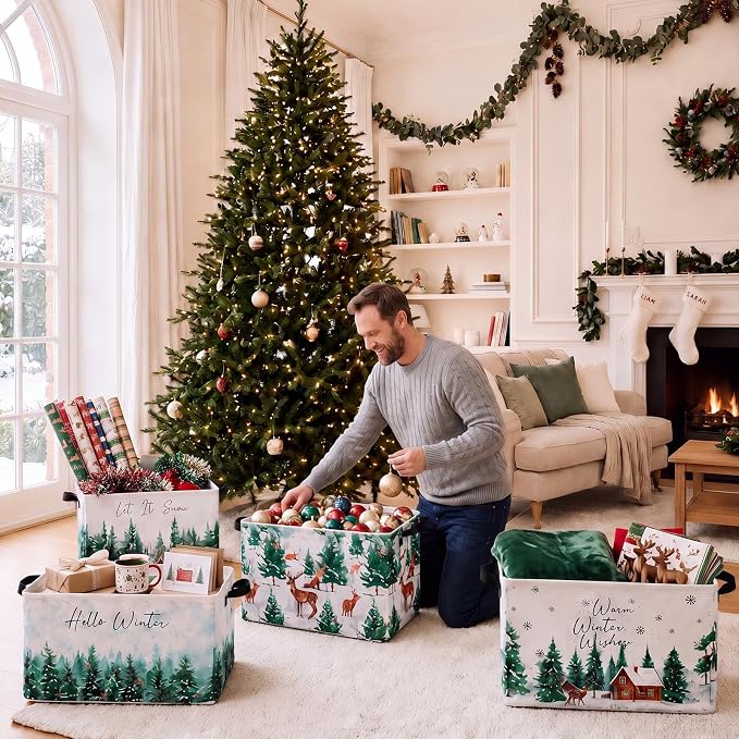 4 Pcs Christmas Storage Basket for Gifts Empty Large Christmas Forest Elk Storage Bins 15 x 10 x 8 Fabric Laundry Baskets with Handle Winter Wonderland Collapsible Organizer Boxes for Toy Book