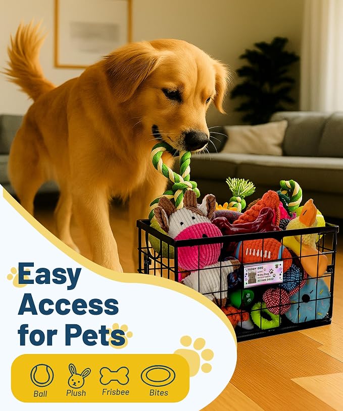 Dog Toy Basket, Dog Toy Storage Bin for Pet, Medium Toy Box for Dogs, Metal Storage Box with Handles, Toy Organizer Holder Boxes for Living Room (Black)