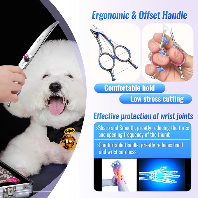 Curved Dog Grooming Scissors 7.5 inch Professional Curved Shears Dog Grooming for Poodle Large Dogs Pet 30 Degree Japanese 440C Right Handed Super Sharp Purple Diamond(7.5,Curved)