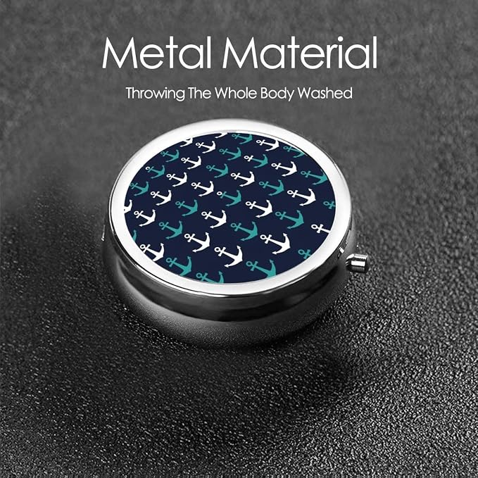 Mini Pill Dispenser, New Nautical Anchor Pattern Navy Blue Teal Round Sturdy Case, Travel Organizer for Supplements, Pocket Purse Container for Business Trips
