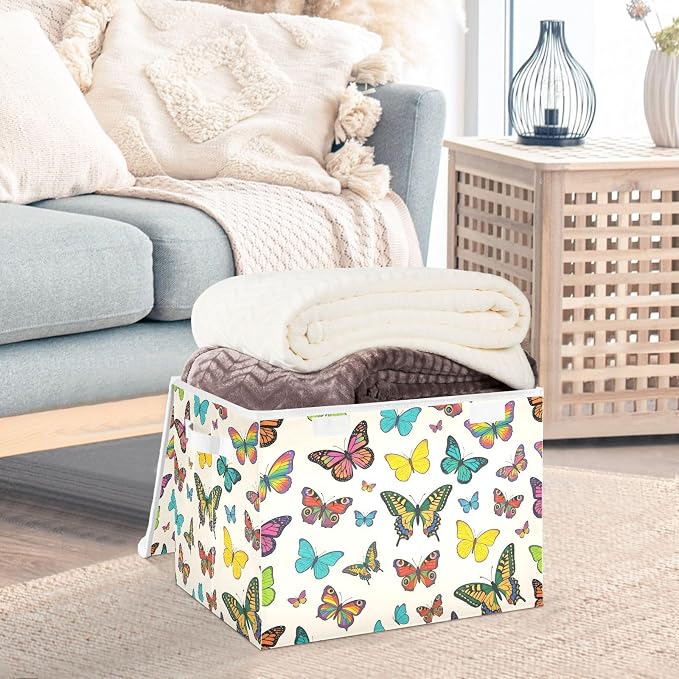 Storage Bins with Lid Colorful Butterfly Foldable Storage Boxes 40L Baskets | Decorative Storage Boxes, 300D Oxford Cloth, Hollow Board Frame, Flip Top Velcro Lid, 16.5x12.6x11.8 inch, Collapsible Design