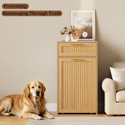 13 Gallons Pull Out Trash Can Cabinet, Hidden Trash Can, Natural Oak | Fluted Kitchen Trash Cabinet with Drawer, Freestanding Garbage Pet Proof Trash Can Holder for Laundry, Living Room