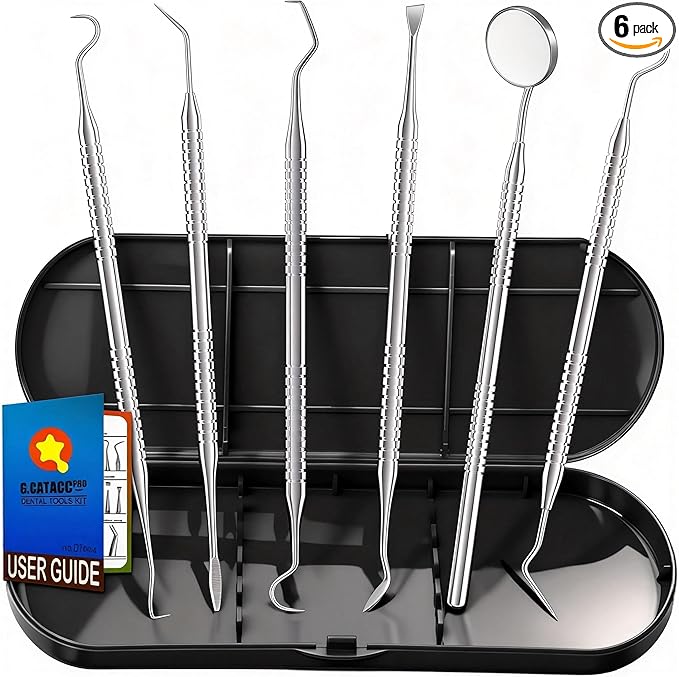 G.CATACC Dental Tools, Metal Dental Pick Teeth Cleaning Tools for Home Use, Stainless Steel Oral Care Hygiene Kit with Tooth Scraper Plaque Tartar Remover - with Case