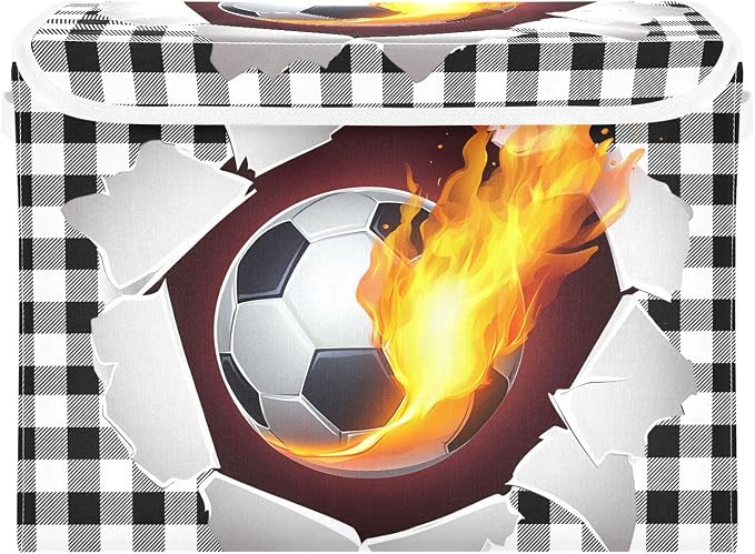 Football Fire Fabric Storage Bins with Lid Closet Bedroom 40L Fabric Bin | Decorative Storage Boxes, Foldable & Stackable, Dust-Proof Flip Top, Reinforced Handles, For Home & Dorm, Clothes & Toy Box