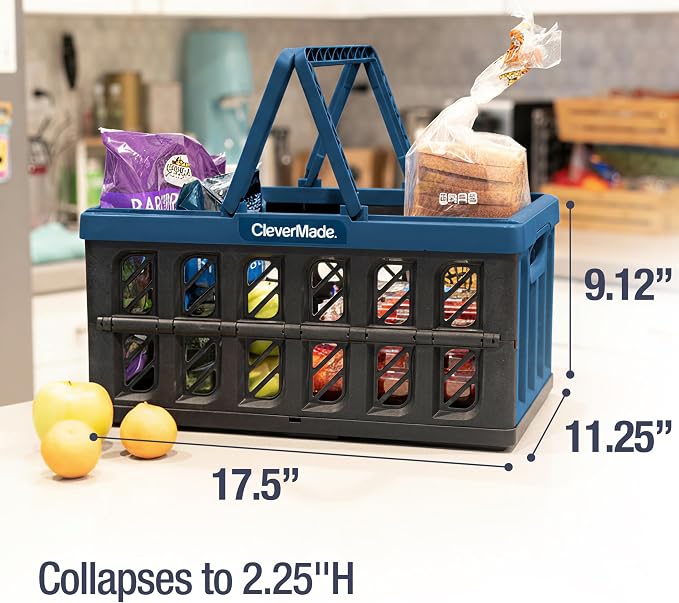 CleverMade Eco Collapsible Shopping Basket with Handles, 24L Ocean, 3 Pack | Keep Groceries Upright in the Car | Rigid Walls Carry 25 lb Each, Stack Securely, and Fold to 2.25 Inches for Storage
