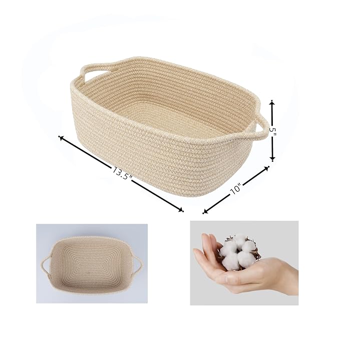 XUANGUO Medium Woven Cotton Rope Storage Basket with Handles, Oatmeal | Small decorative rectangle storage bin for baby nursery items and cat toys; ideal as an empty gift basket or dog toy basket