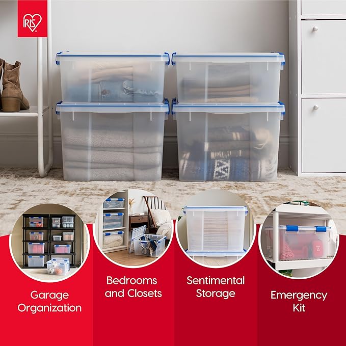 IRIS USA 3-Pack 16 Qt Storage Bins with Gasket Lids, Clear/Blue | WeatherPro seal protects shoes, crafts, documents and supplies from dust and moisture