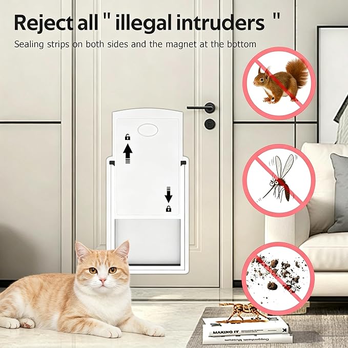 Cat Door for Exterior & Interior Doors with Steel Frame | Magnetic Double Flaps, Telescoping Tunnel, 2 Sliding Lock Panels, Weather-Resistant, Fits Cats Up to 15LBS, White
