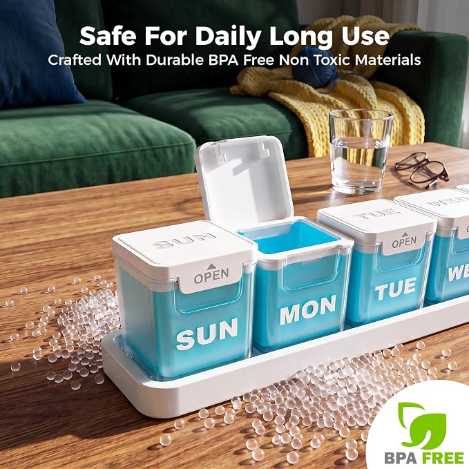 ODARO Extra Large Weekly Pill Organizer Once A Day - Blue | Large Capacity, Big Font, Wide Opening Easy For Seniors, Detachable Portable, Spill Proof, BPA Free