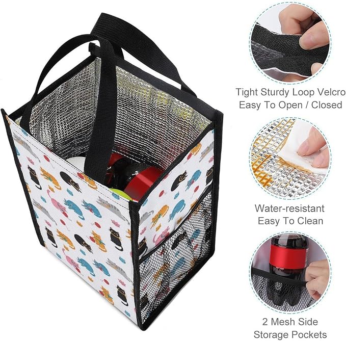 Insulated Lunch Bags Compatible with Cats, Reusable Thermal Lunchbox Totes with Mesh Pocket Portable Lunch Organizer Food Bag
